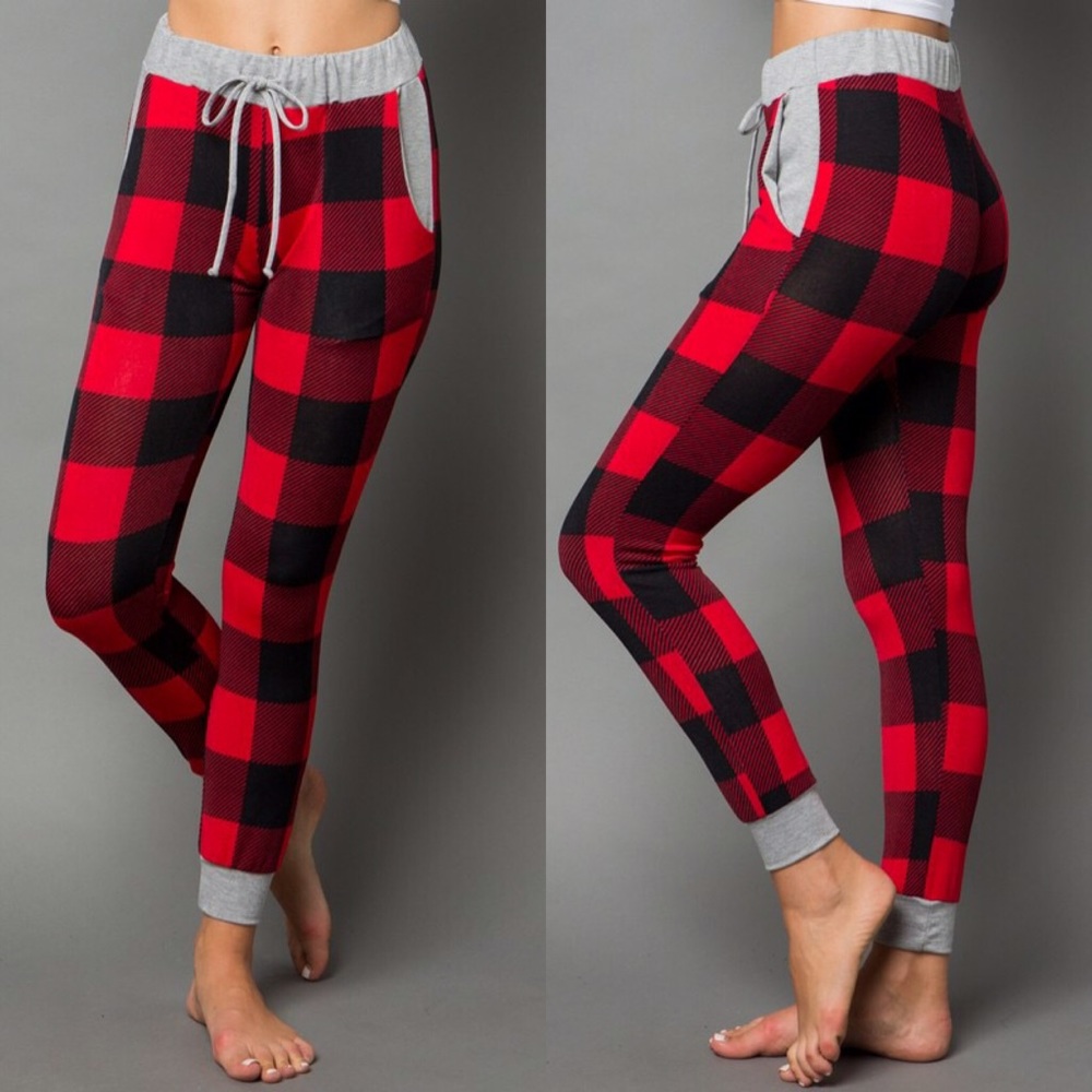 plaid print joggers jogging pants pockets red - Picture 2 of 6